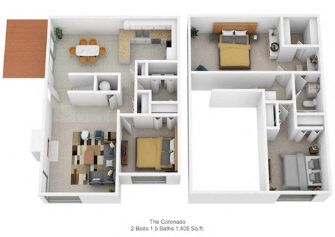 Floor plan for 2 beds, 1.5 baths, 1405 sqft